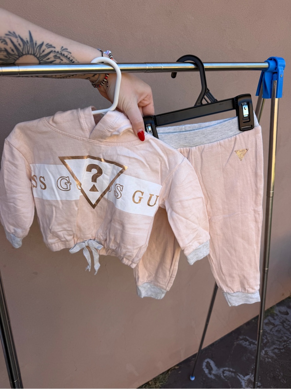 Guess Girls' Light Pink Hoodie & Joggers Set with Gold Logo